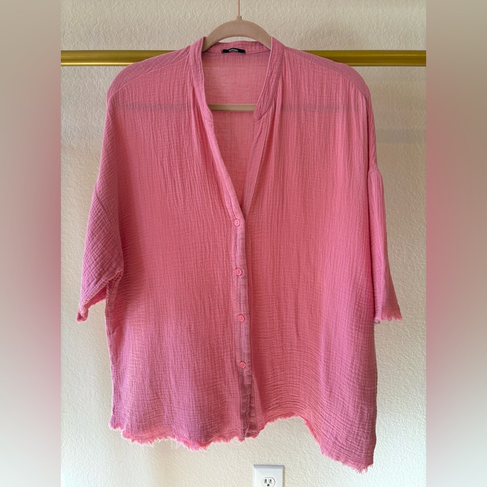 Women’s gauze cotton natural fiber, short sleeve shirt hot pink large